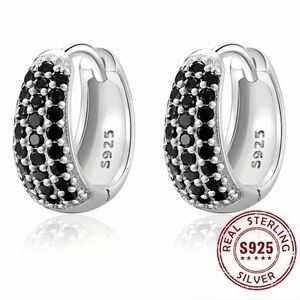 New 925 Sterling Silver Black Zircon Decor Hoop Earrings Vintage